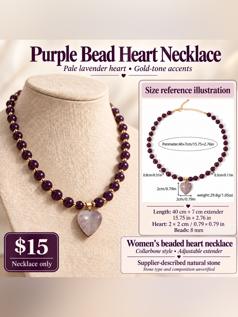 Purple Beaded Heart Necklace